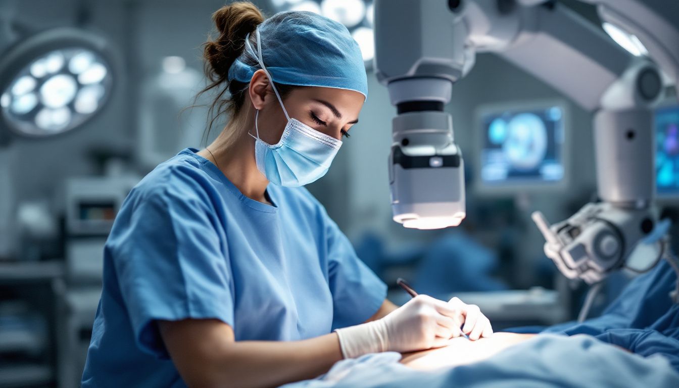 A female surgeon in her 40s performing robotic surgery to remove a breast tumor.