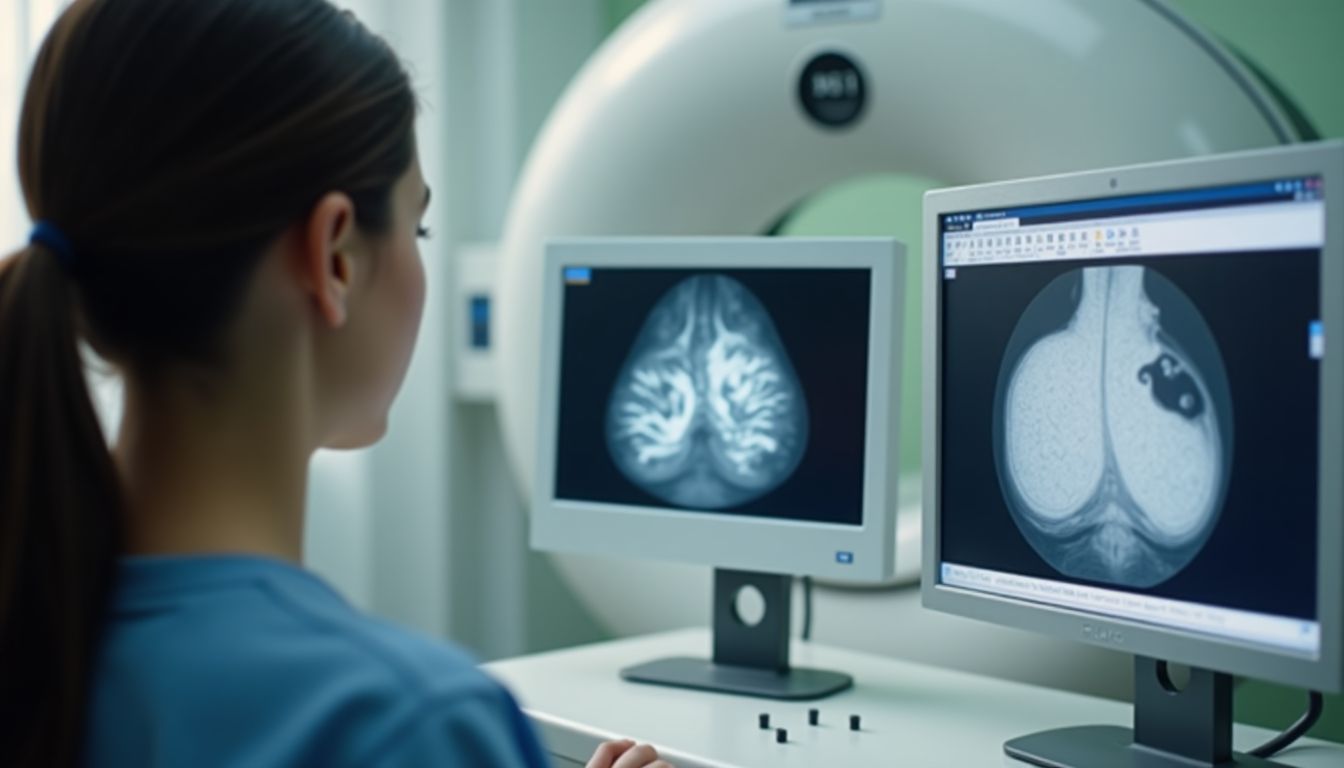 A mammogram machine in a hospital displaying advanced breast tissue imaging for cancer detection.