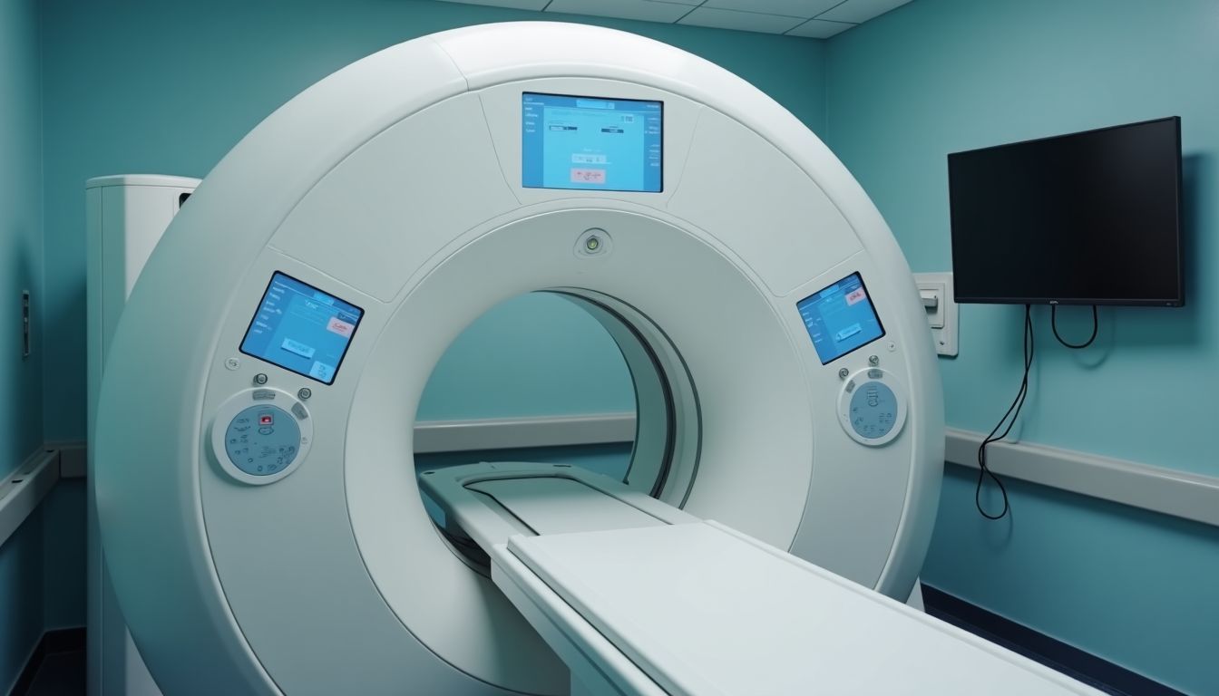 A modern radiation therapy machine for breast cancer treatment in a hospital room.